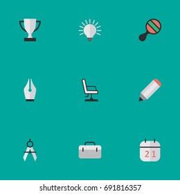 Vector Illustration Set Of Simple Knowledge Icons. Elements Armchair, Bulb, Racket And Other Synonyms Drawing, Pencil And Goblet.