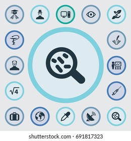 Vector Illustration Set Of Simple Knowledge Icons. Elements Poetry, Presentation, Dish Antenna And Other Synonyms Pharmacy, Planet And Investigator.
