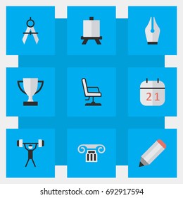 Vector Illustration Set Of Simple Knowledge Icons. Elements Date Block, Easel, Column And Other Synonyms Board, Date And Weight.
