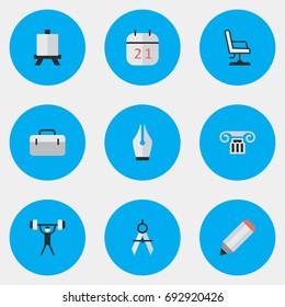 Vector Illustration Set Of Simple Knowledge Icons. Elements Pen, Armchair, Bodybuilding And Other Synonyms Almanac, Pencil And Drawing.