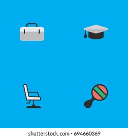 Vector Illustration Set Of Simple Knowledge Icons. Elements Armchair, Briefcase, Racket And Other Synonyms Racket, Handbag And Graduation.