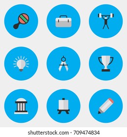 Vector Illustration Set Of Simple Knowledge Icons. Elements Racket, Pen, University And Other Synonyms Lifter, Board And Weight.