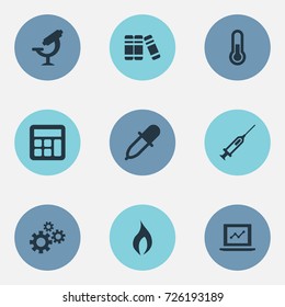 Vector Illustration Set Of Simple Knowledge Icons. Elements Thermometer, Fire, Medicine Dropper And Other Synonyms Pinion, Growth And Flame.