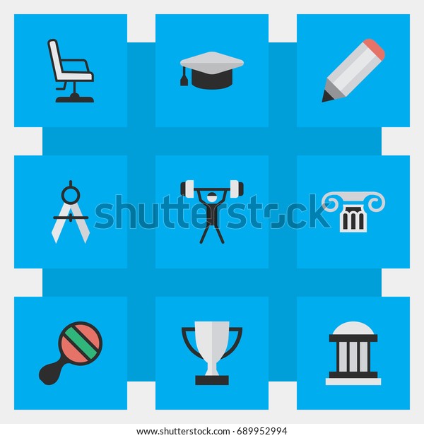 Vector Illustration Set Of Simple\
Knowledge Icons. Elements Armchair, Measurement Dividers, Racket\
And Other Synonyms Bodybuilding, Compass And\
Drawing.