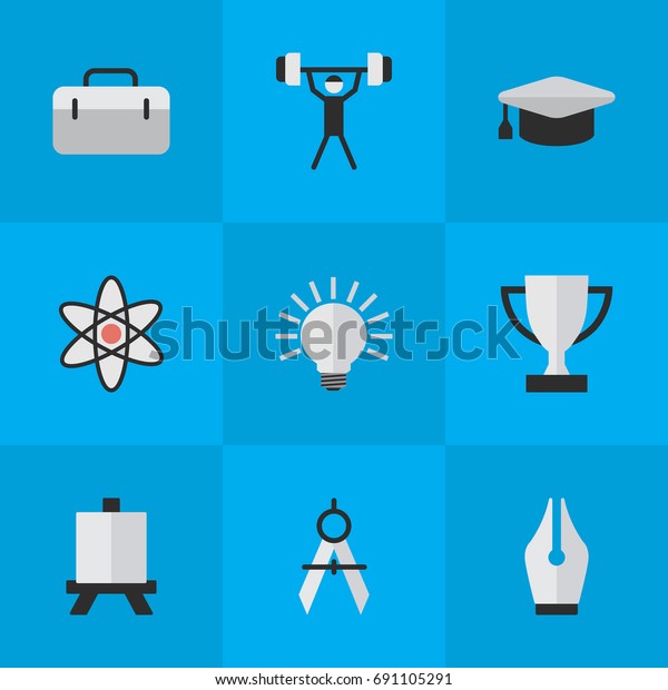 Vector Illustration Set Of Simple\
Knowledge Icons. Elements Easel, Bodybuilding, Measurement Dividers\
And Other Synonyms Molecule, Atom And\
Handbag.