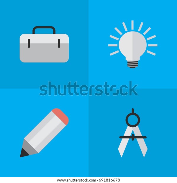 Vector Illustration Set Of Simple Knowledge Icons.\
Elements Measurement Dividers, Pen, Briefcase And Other Synonyms\
Light, Idea And Bulb.