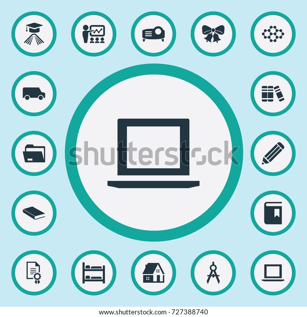 Vector Illustration Set Of Simple Knowledge\
Icons. Elements Computer, Travel Truck, House And Other Synonyms\
Devider, School And\
Molecule.
