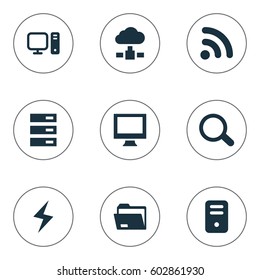 Vector Illustration Set Of Simple Laptop Icons. Elements Monitor, Dossier, Data Center And Other Synonyms System, Computer And Data.