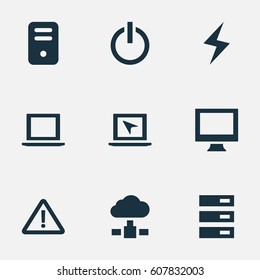 Vector Illustration Set Of Simple Laptop Icons. Elements Data Center, Switch Button, System Unit And Other Synonyms Button, Display And Monitor.