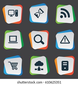 Vector Illustration Set Of Simple Laptop Icons. Elements Wave, Magnifier, Web Trading And Other Synonyms Desktop, Search And Hardware.