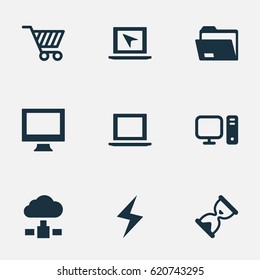 Vector Illustration Set Of Simple Laptop Icons. Elements Hourglass, Memory, Dossier And Other Synonyms Bolt, Laptop And Shopping.