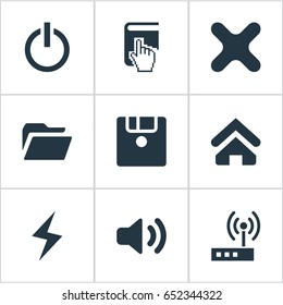 Vector Illustration Set Of Simple Laptop Icons. Elements Switch Button, Select, Modem And Other Synonyms Storage, Begin And Freelance.
