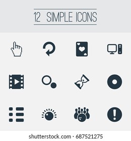 Vector Illustration Set Of Simple Leisure Icons. Elements Warning, Desktop, Dvd And Other Synonyms Warning, Kegling And Video.