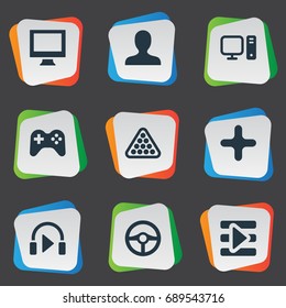 Vector Illustration Set Of Simple Leisure Icons. Elements Sound, Monitor, Joystick And Other Synonyms Screen, Avatar And Controller.