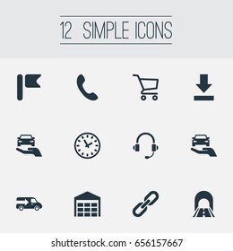Vector Illustration Set Of Simple Logistics Icons. Elements Auto Insurance, Road, Relation And Other Synonyms Headphones, Call And Store.