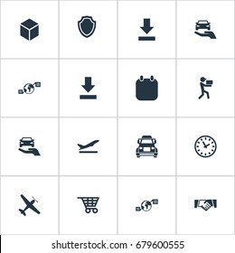 Vector Illustration Set Of Simple Logistics Icons. Elements Departure, Protect Car, Auto Insurance And Other Synonyms World, Clock And Departure.