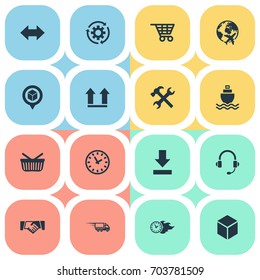 Vector Illustration Set Of Simple Logistics Icons. Elements Fast Cargo, Box, Retail And Other Synonyms Right, Gear And Revolve.