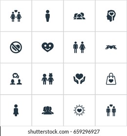 Vector Illustration Set Of Simple Love Icons. Elements Care, Homosexual, Beloveds And Other Synonyms Childhood, Leadership And Care.