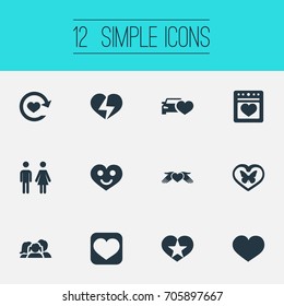 Vector Illustration Set Of Simple Love Icons. Elements Care, Loving, Stove And Other Synonyms Heart, Kitchen And Broken.