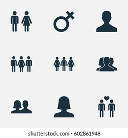 Vector Illustration Set Of Simple Lovers Icons. Elements Double, Dissolve The Marriage, Alternative And Other Synonyms Spouse, Pair And People.