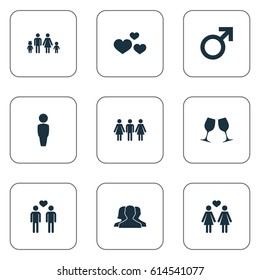 Vector Illustration Set Of Simple Lovers Icons. Elements Lineage, Homosexual, Heart And Other Synonyms People, Mister And Gay.