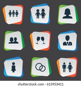 Vector Illustration Set Of Simple Lovers Icons. Elements Alternative, Double, Wineglass And Other Synonyms Mother, Madame And Couple.