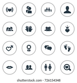 Vector Illustration Set Of Simple Lovers Icons. Elements Barefoot, Lineage, User And Other Synonyms Female, Romantic And Friends.