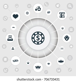 Vector Illustration Set Of Simple Luxury Icons. Elements Fence, Queen, Vintage Automobile And Other Synonyms Fence, Chip And Soul.