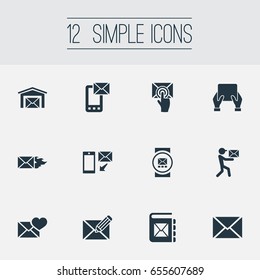 Vector Illustration Set Of Simple Mail Icons. Elements Burn, Smartphone, Email And Other Synonyms Box, Notice And Hand.