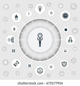 Vector Illustration Set Of Simple Management Icons. Elements Chronometer, Meeting, Limits And Other Synonyms Clock, Multitasking And Deadline.