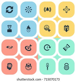 Vector Illustration Set Of Simple Management Icons. Elements Limits, Goal, Velocity And Other Synonyms Management, Refresh And Limits.