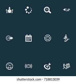 Vector Illustration Set Of Simple Management Icons. Elements Search, Teamwork, Delivery And Other Synonyms Reminder, Date And Timer.