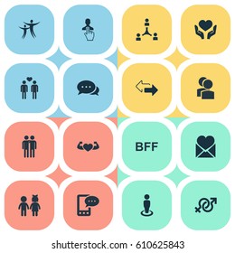 Vector Illustration Set Of Simple Mates Icons. Elements Camaraderie, Cooperation, Arrows And Other Synonyms Man, Gay And Pointer.
