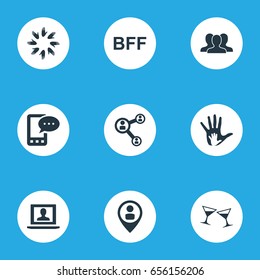 Vector Illustration Set Of Simple Mates Icons. Elements Bff, Crowd, Helpful And Other Synonyms Beverage, Team And Network.