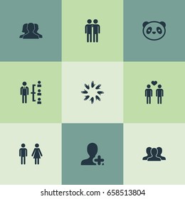 Vector Illustration Set Of Simple Mates Icons. Elements Communication, Fellows, Gender And Other Synonyms Contacts, Team And Fellows.