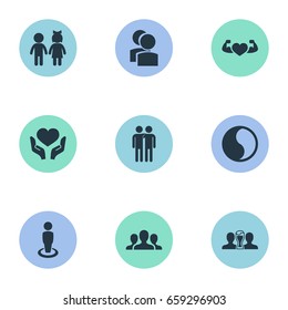 Vector Illustration Set Of Simple Mates Icons. Elements Camaraderie , Balance, Heart In Hand Synonyms Accord, Friends And Fellows.