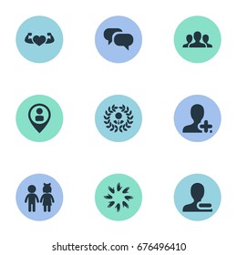 Vector Illustration Set Of Simple Mates Icons. Elements Unity, Gossip, Pinpoint And Other Synonyms Medal, Chat And Mates.