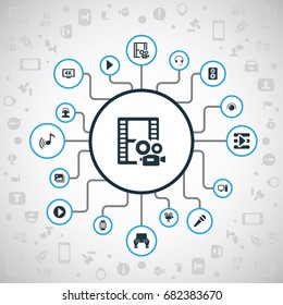 Vector Illustration Set Of Simple Media Icons. Elements Sound, Ultra Display, Image And Other Synonyms Hand, Sound And Video.