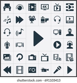 Vector Illustration Set Of Simple Media Icons. Elements Filmstrip, Crotchets, Mike And Other Synonyms Home, Brightness And Headphones.