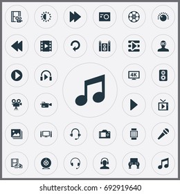 Vector Illustration Set Of Simple Media Icons. Elements Reel, Meloman, Rearward And Other Synonyms Loudness, Music And Gallery.