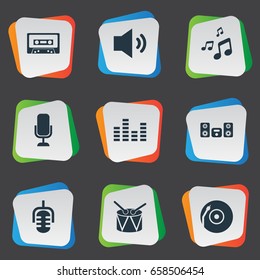 Vector Illustration Set Of Simple Melody Icons. Elements Cartridge, Notes, Regulator And Other Synonyms Cartridge, Classic And Studio.