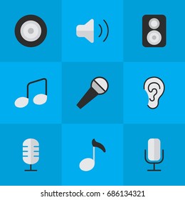Vector Illustration Set Of Simple Melody Icons. Elements Music Sign, Listen, Record And Other Synonyms Make, Speaker And Sign.