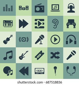 Vector Illustration Set Of Simple Melody Icons. Elements Laptop, Hear, Tape And Other Synonyms Cassette, Arrow And Loudspeaker.