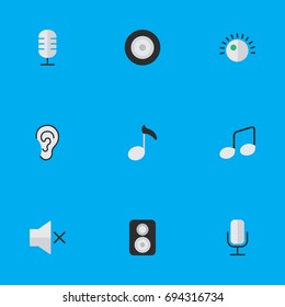 Vector Illustration Set Of Simple Melody Icons. Elements Listen, Music Sign, Regulator And Other Synonyms Mic, Record And Make.