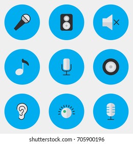 Vector Illustration Set Of Simple Melody Icons. Elements Listen, Volume, Mike And Other Synonyms Amplifier, Regulator And Microphone.