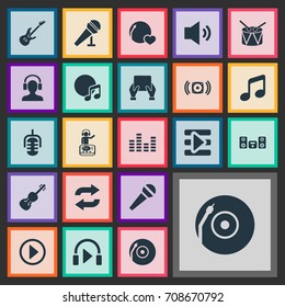 Vector Illustration Set Of Simple Melody Icons. Elements Turntable, Shellac, Start And Other Synonyms Tablet, Karaoke And Guitar.