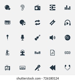 Vector Illustration Set Of Simple Melody Icons. Elements Megaphone, Begin Button, Tape And Other Synonyms Radio, Shellac And Piano.