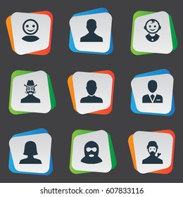 Vector Illustration Set Of Simple Member Icons. Elements Job Man, Mysterious Man, Internet Profile And Other Synonyms Internet, Mysterious And Whiskers.