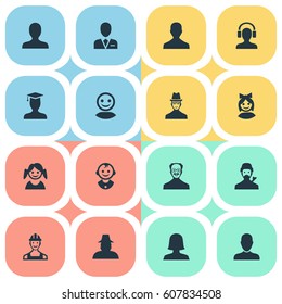 Vector Illustration Set Of Simple Member Icons. Elements Male With Headphone, Agent, Male User And Other Synonyms Personal, Female And Boy.