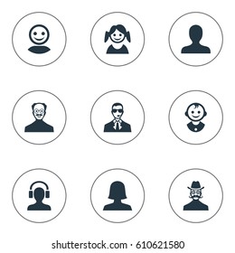 Vector Illustration Set Of Simple Member Icons. Elements Portrait, Little Girl, Woman User And Other Synonyms Girl, Daughter And Personal.